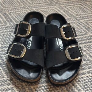 Birkenstock Black Sandals with Silver Buckles - like new